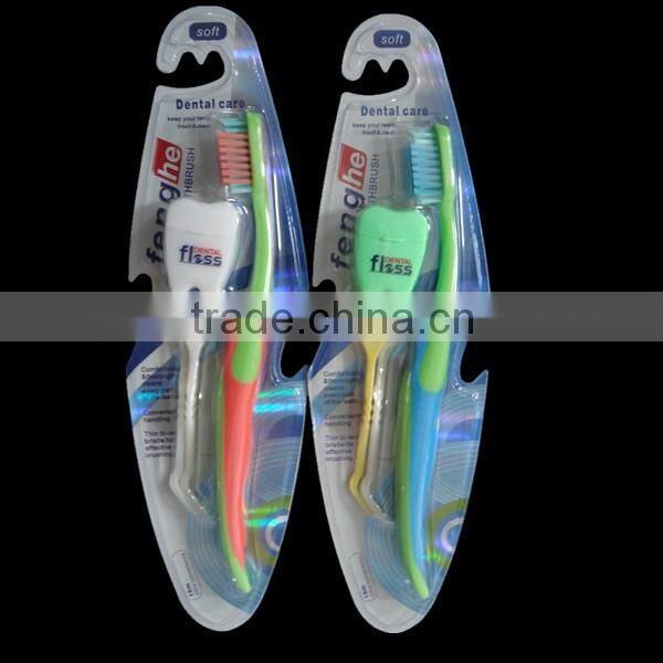 Adult tooth brush with dental floss and dental floss pick