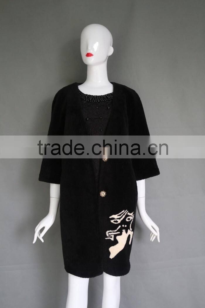 Hot sale embroidery medium sleeve women long overcoat shearing sheep fur coat parka with real lamb fur
