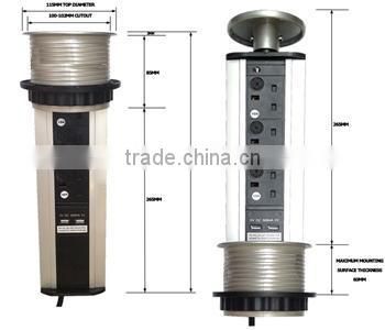 BS1363 standard power port Vertical Brushed Steel top desktop Pop Up Sockets