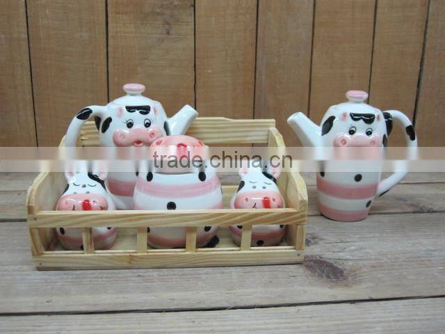 ceramic cute cow 5pcs condiment set salt and pepper shaker with oil and vinegar bottle set with wood