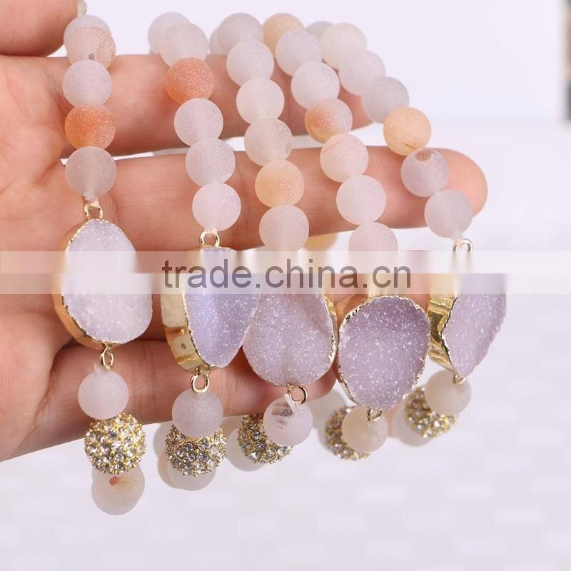 Gold Plated Natural Agate Quartz Stone Druzy Bracelet, with 8mm Frosted Agate Beaded Jewelry Bracelets