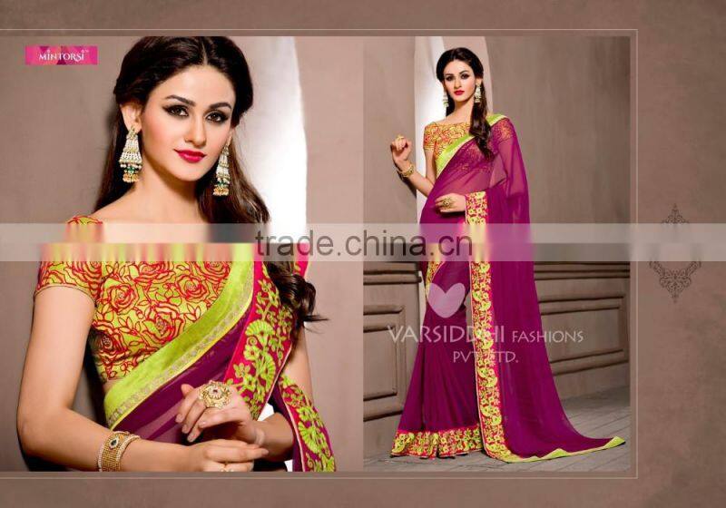 Glided Light Yellow Georgette Saree/Traditional Indian Sarees