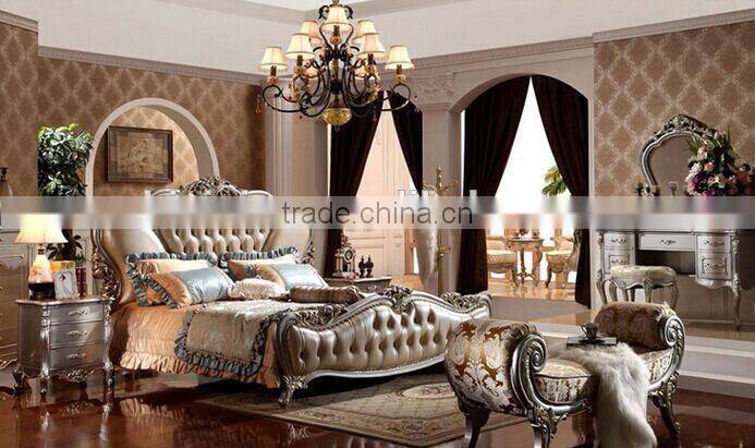 European Style Solid Wood with Genuine Leather Bed, Royal Bedroom Carved Furnitur Bed, Royal Bedroom Furniture (BF01-ML013)