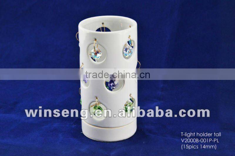 White Ceramic T-light Candle Holder for home decor with crystals from swarovski
