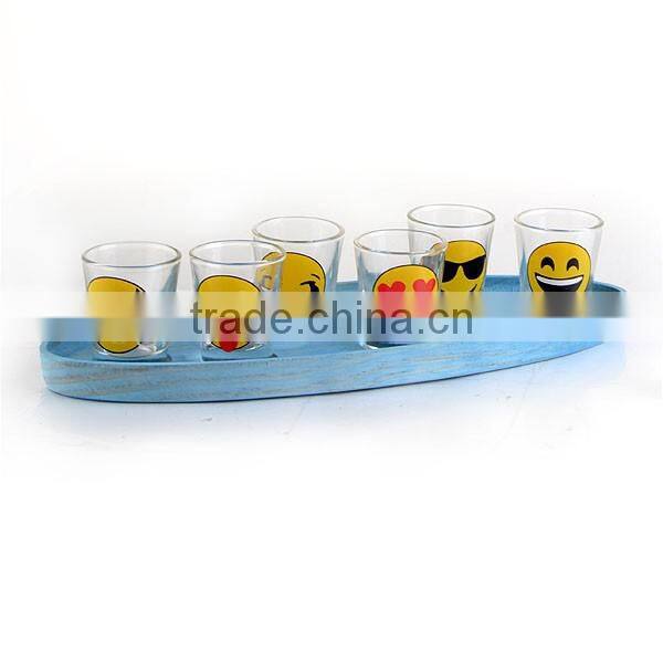 2.5oz 6pcs cute emoji shot glass with wooden tray