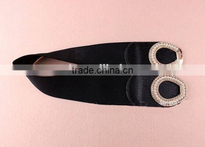 Wholesale pearl and rhinestone inlaid buckle sex women lady wide PU waist belt
