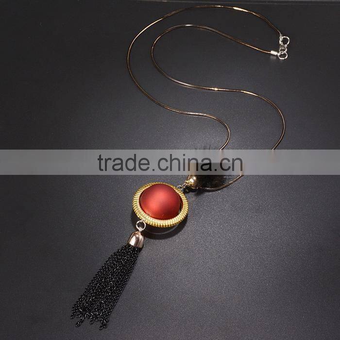 red bead gold hoop pendant long chain necklace black chain tassel necklace pompon necklace