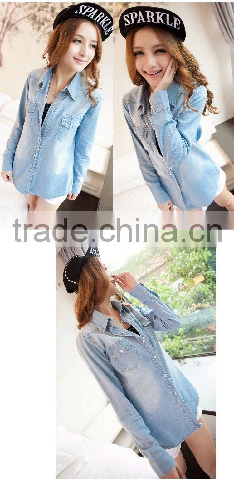 Plus size denim shirt women clothing nostalgic gradient jeans shirt vintage womens camisa jeans blusas feminina blouse