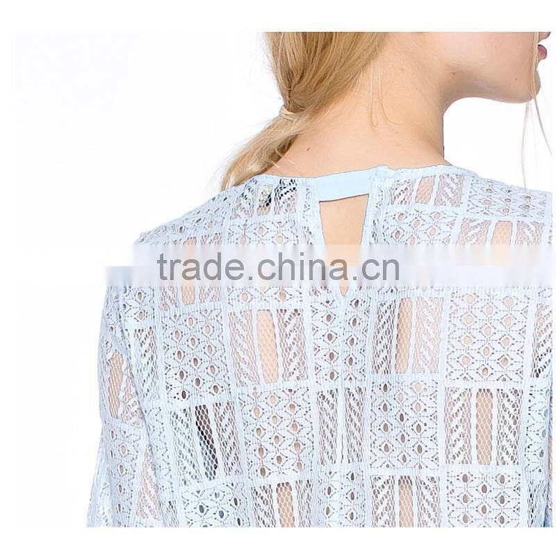 Fashion latest trendy high fashion crochet fabric women transparent blouse with half sleeve
