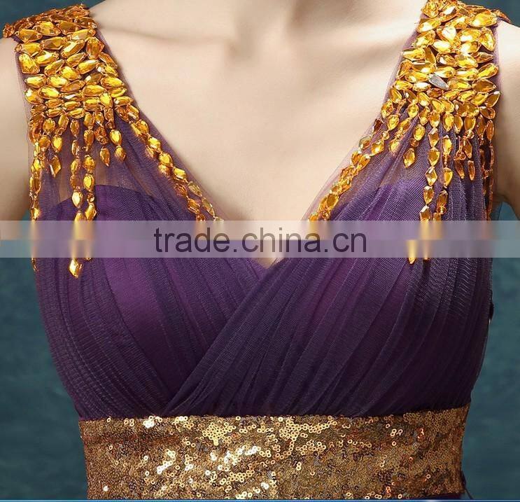 formal purple satin beaded v neck evening beach party wear dress