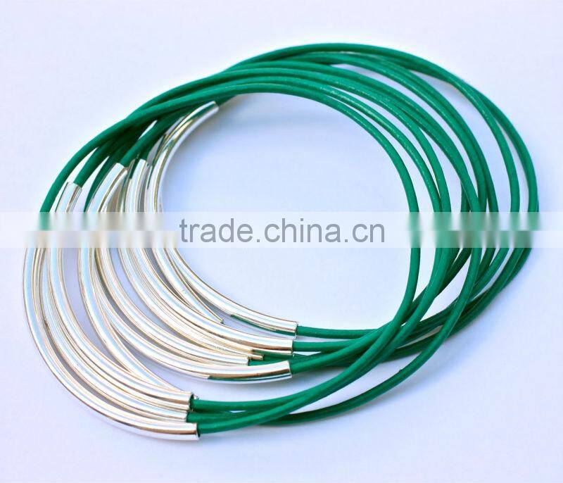 silver tube leather bracelet, 10pcs stacking leather bangle bracelet, new design thin leather bracelet