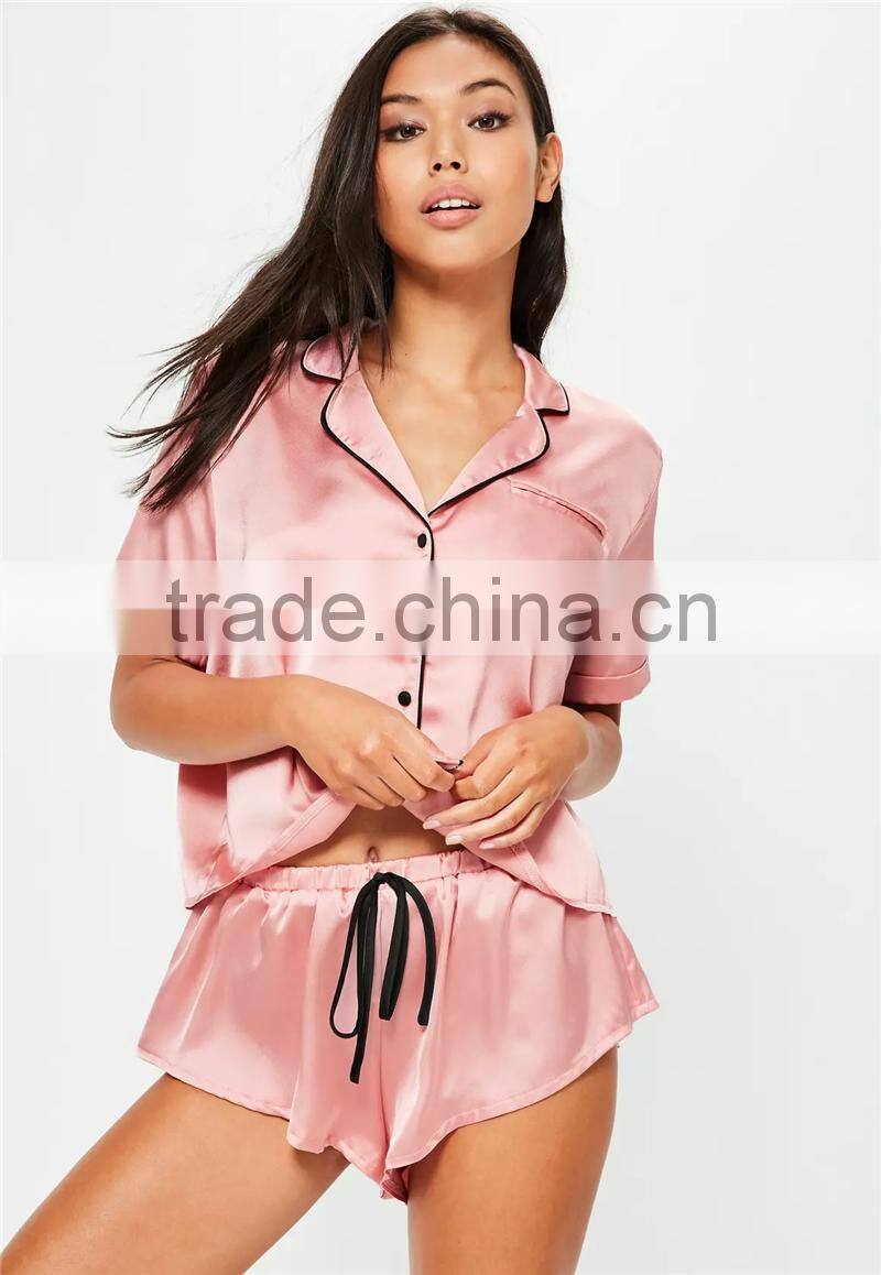 MGOO Custom Manufacturer Pink Satin Pyjama Sets For Women Buttons Up Slik Pink Sets Shirts And Shorts