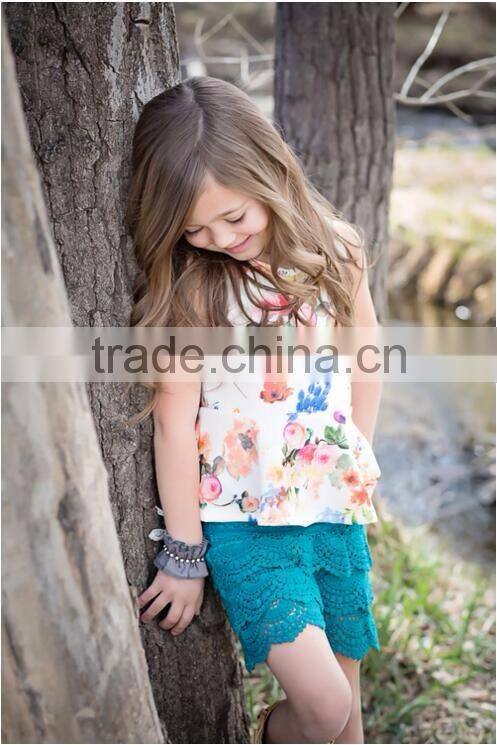 Fashion Design kids Clothing Girl's Soft Cotton Suits White Printed Shirt, Blue Ruffle Shorts