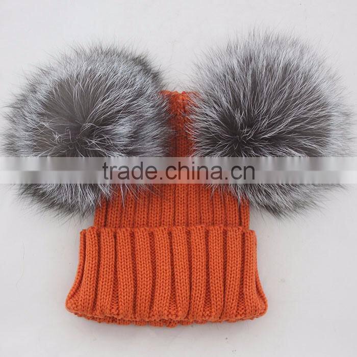 Myfur Yellow Color Wool Knitting Beanie Hat with Genuine Silver Fox Fur Pompoms