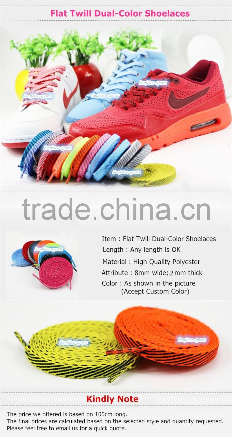 2016 New Twill Pattern Flat Shoelaces With Customized 2mm Thick 8mm Width~Double Colors Shoelaces For Running~Accept Custom