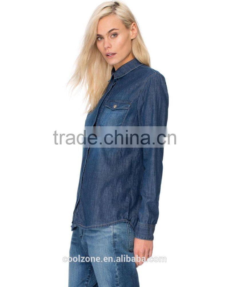 Contrast topstitch relaxed fit denim shirt women chest pocket denim shirt