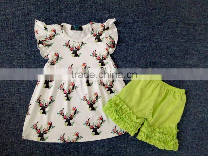 Wholesale girls boutique clothing flutter sleeve tunic pearl top and icing ruffle shorts boy raglan