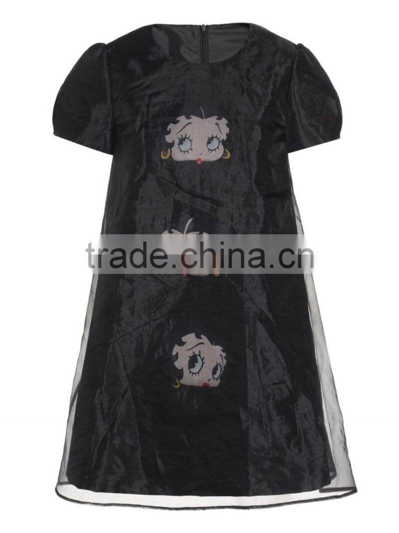 Black Organza cartoon printing polyester loose sleeveless A-line dress