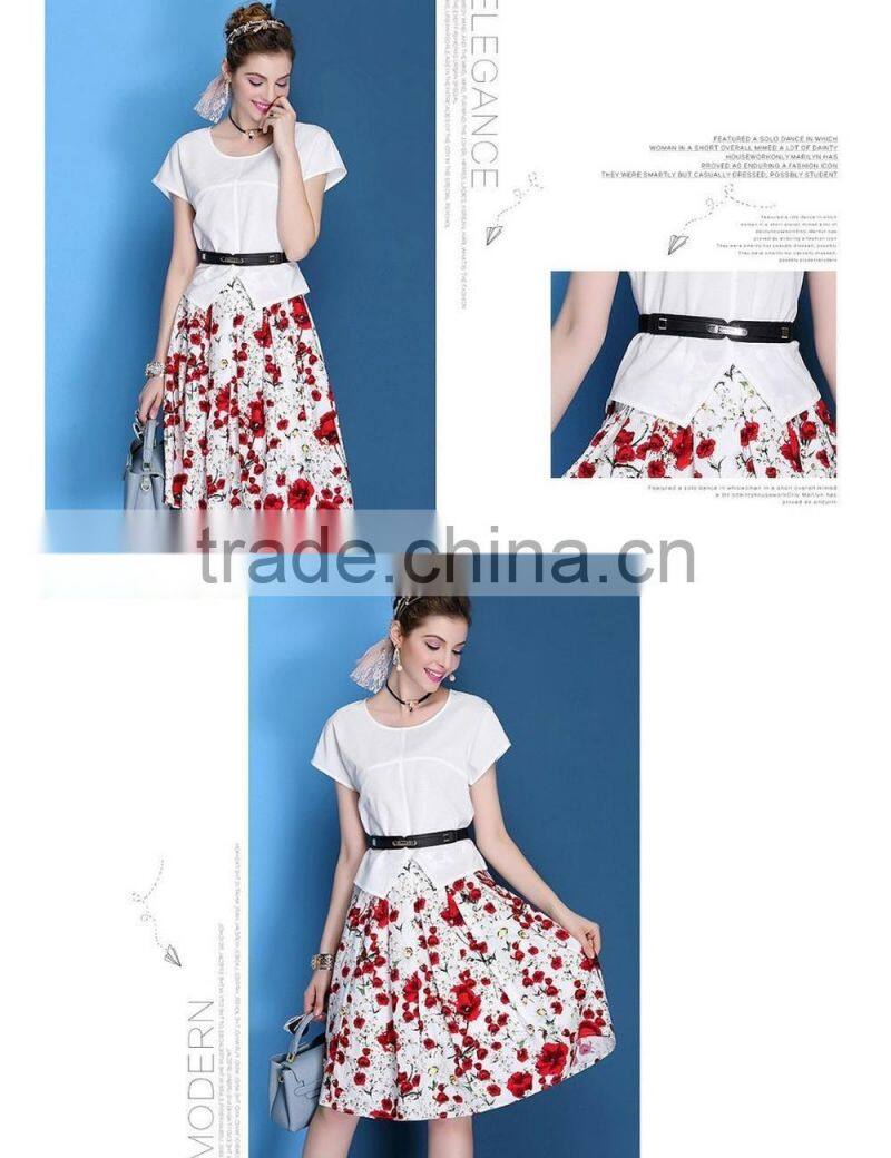 European style O-neck top +elastic waist two pieces printing knee-length dress sets/suits