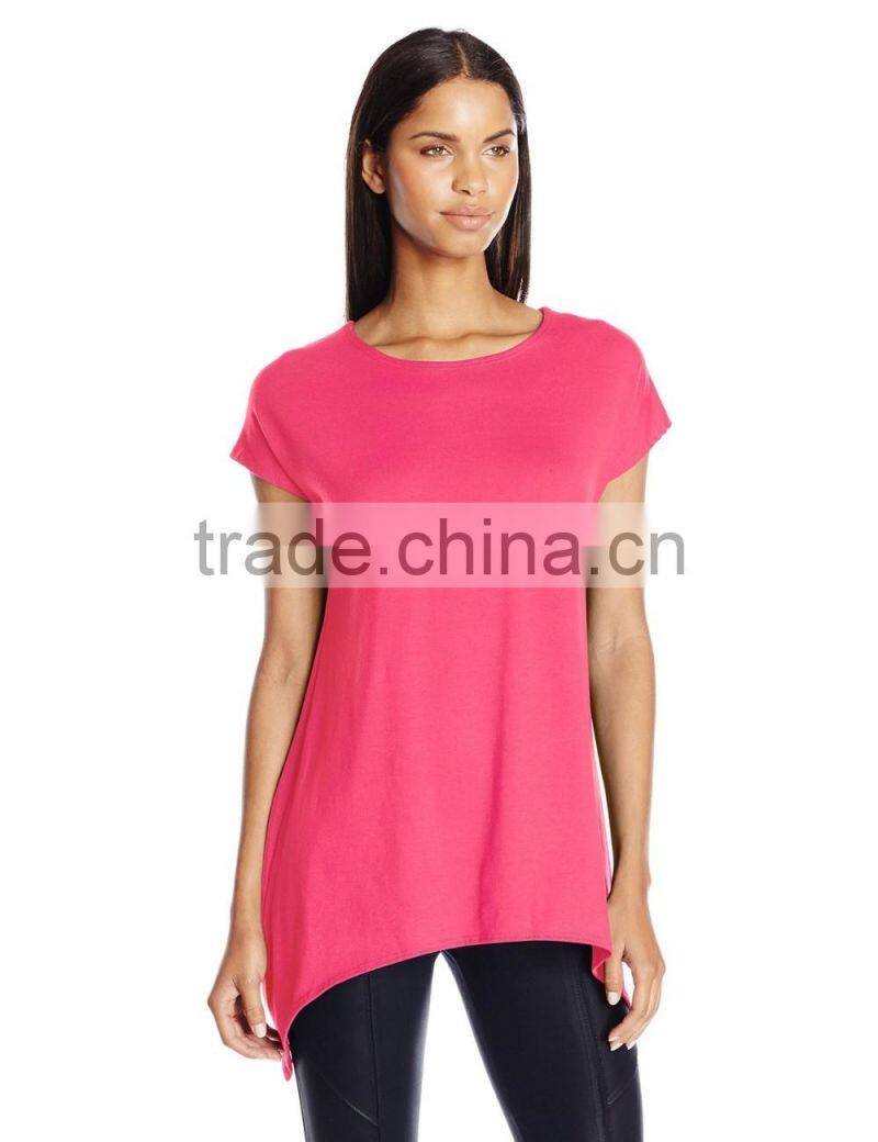 Women's Scoop Neck Short Sleeve Sharkbite Hem Comfy Knit 100% Cotton Tunic Top