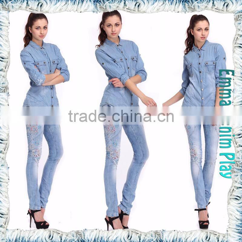 Soft Smooth Breathable Light Blue Color Fade Protected Enzyme Bleaching Washed Combed Cotton Lady's Denim Long Sleeve Shirts