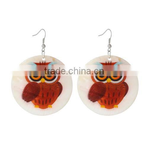 Silver Tone Hook Round Dark Red Halloween Owl Pattern Fashion Shell Dangle Earrings 7.1cmx5cm