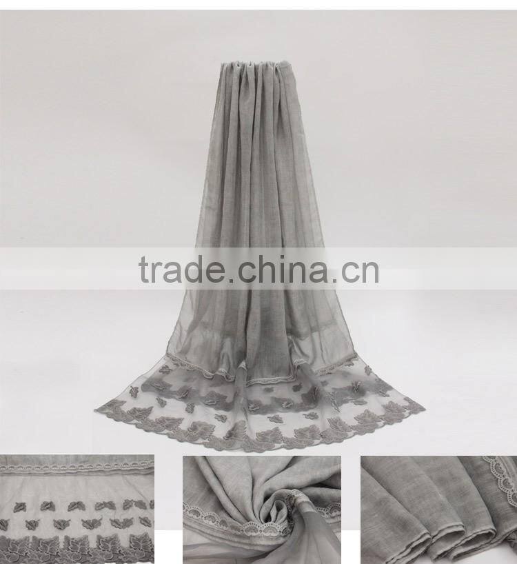 New fashion classic plain dyed TR viscose thin leaf silk lace trim ribbon hijab scarf for custom