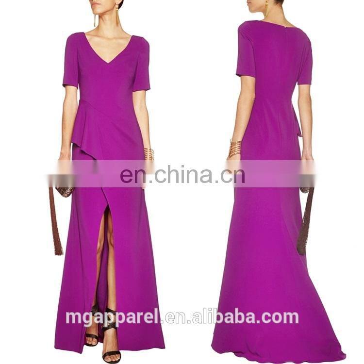latest fashion purple evening dress front slit purple crepe evening gown, evening dress alibaba china