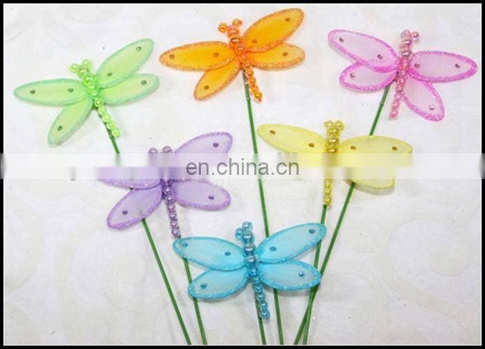 Artificial nylon bead dragonfly garden stick,silk insect stick