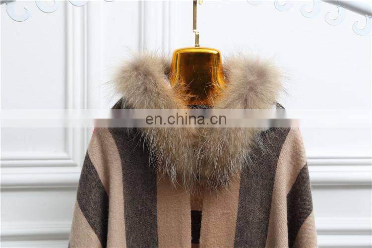 Fashion Women Real Raccoon Fur Hood Shawl Wool Cashmere Scarves Shawls