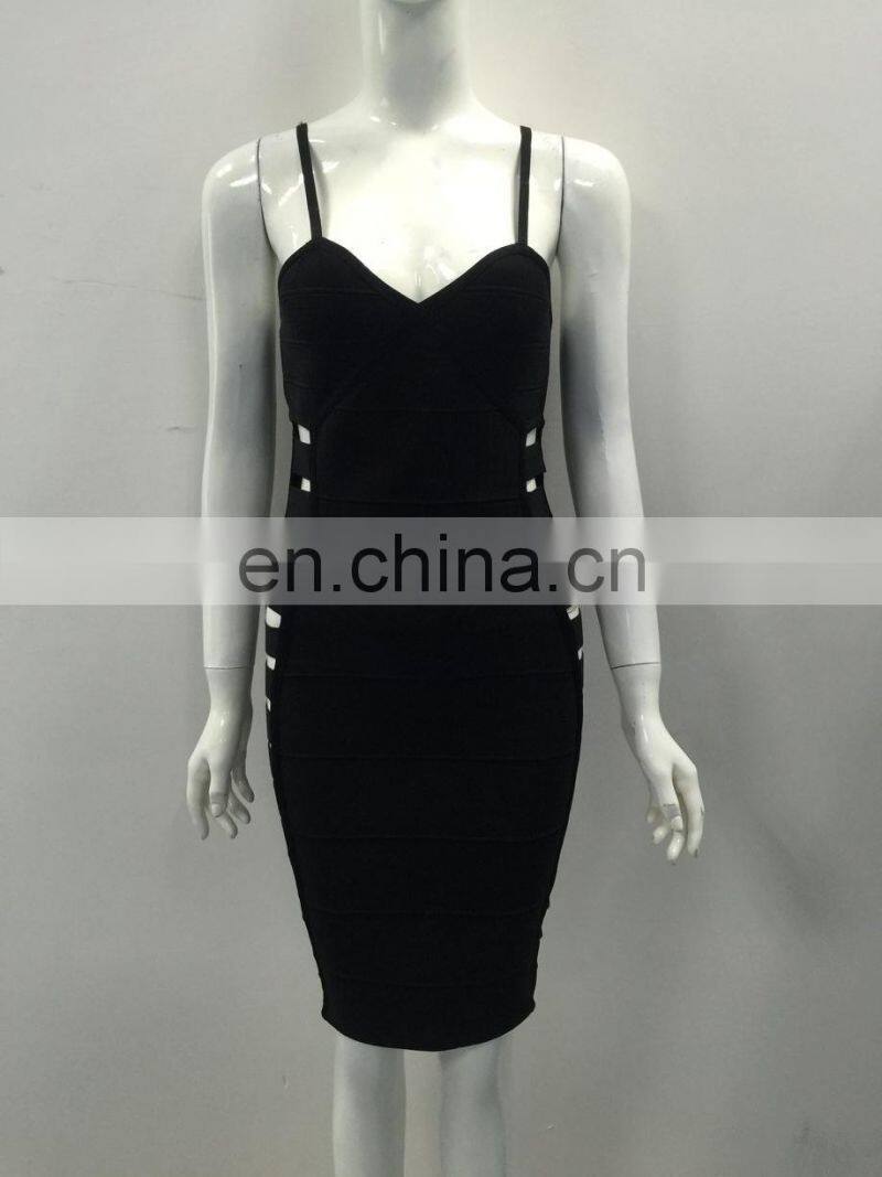 Amigo 2017 fashion Black spaghetti strap cut out bandage dress midi prom dresses for hot body ladies