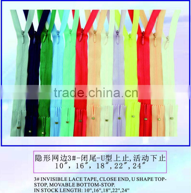 #3 lace tape close end invisible zippers