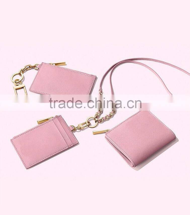 Pink color GENUINE CALF LEATHER CHANGE BAG COIN PURSE Card holder with STRAP and zip