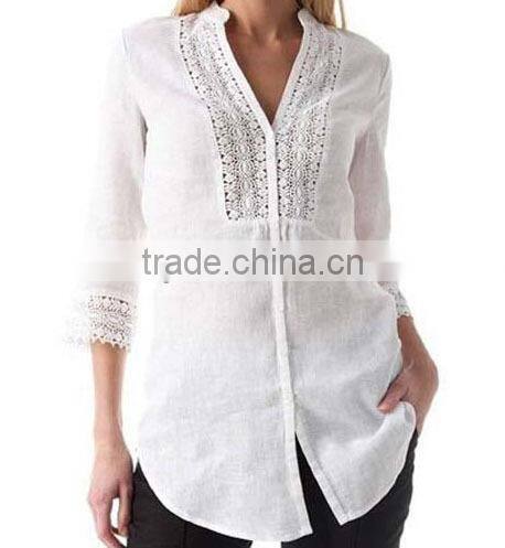 ladies' soft linen shirt plain dye fabric blouse long sleeve lace ornament top