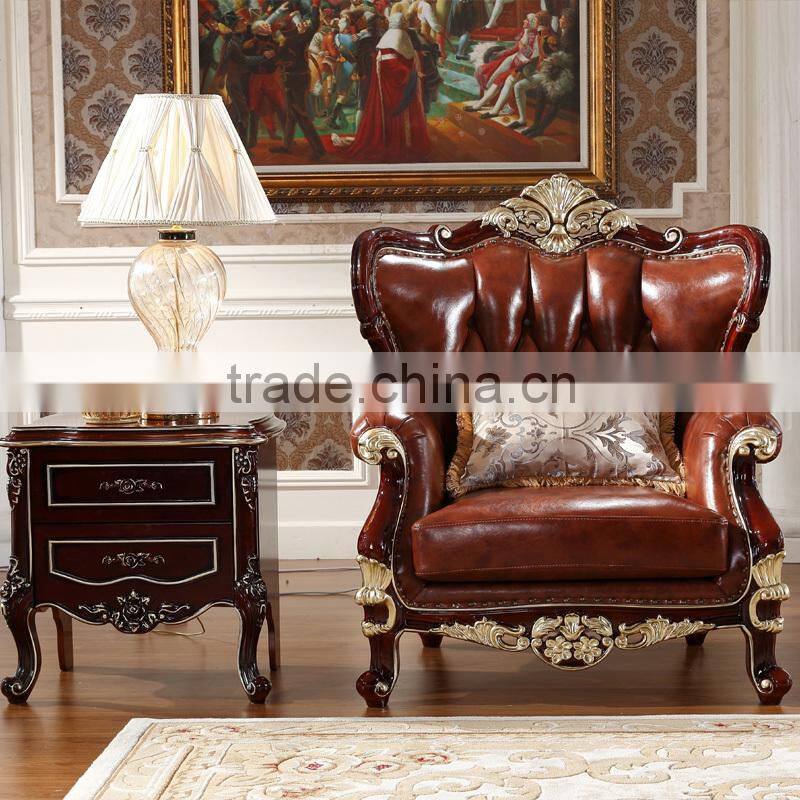 Luxury Classical French Italian European Antique Style Carved Rubber Solid Wood Frame Artistic Red Brown Leather Sofa Set