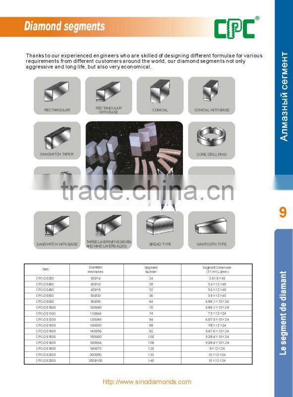 Turbo/waves shapes diamond segments used on wet/dry core drills
