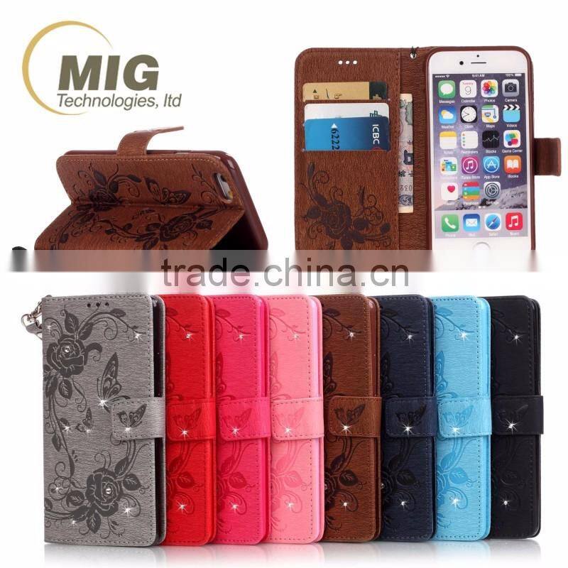 Fasion designed Diamond butterfly wallet leather case cover with strap, leather case with inside TPU for iphone 6s/6 plus
