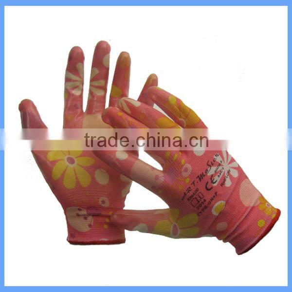 Hot Sale Transparent Nitrile Coated Polyester Printing Gardening Work Gloves For Lady