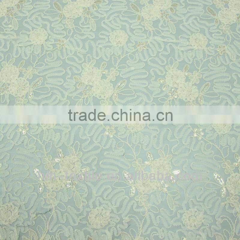 2017 New Apricot Dribbling Sequins Mixed Embroidery Fabric for ZARA Brand Long Dress Textile With High Quality Mesh from China