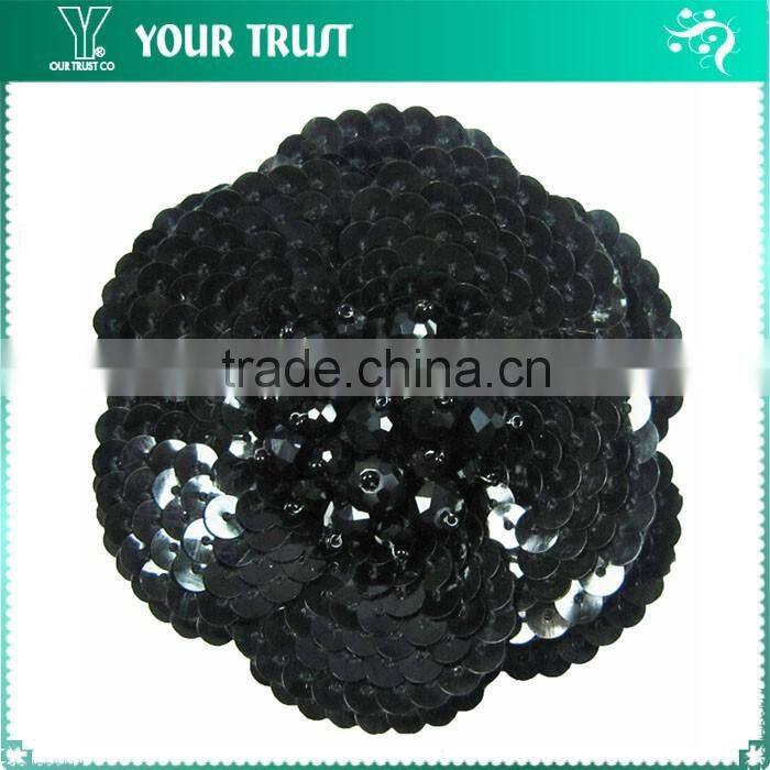 Clear Rhinestone Black Flat Sequin Black Bead Flower Applique Patches