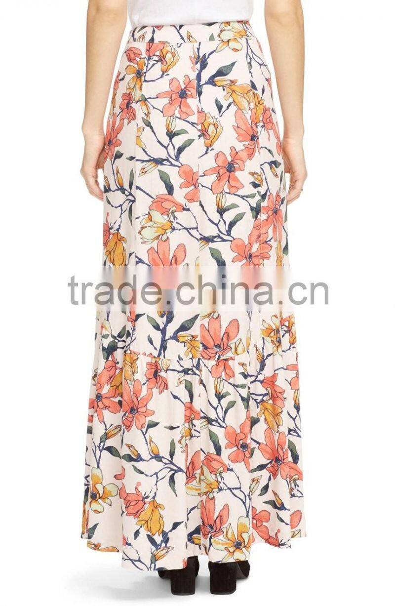 Alibaba hot sell flower print front split maxi skirt fancy skirt top designs