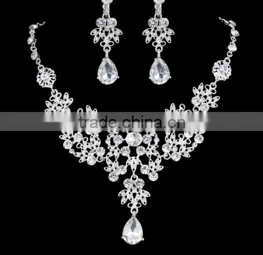 Silver Alloy Rhinestone Earrings Crystal Pendant Necklace Bridal Jewelry Set
