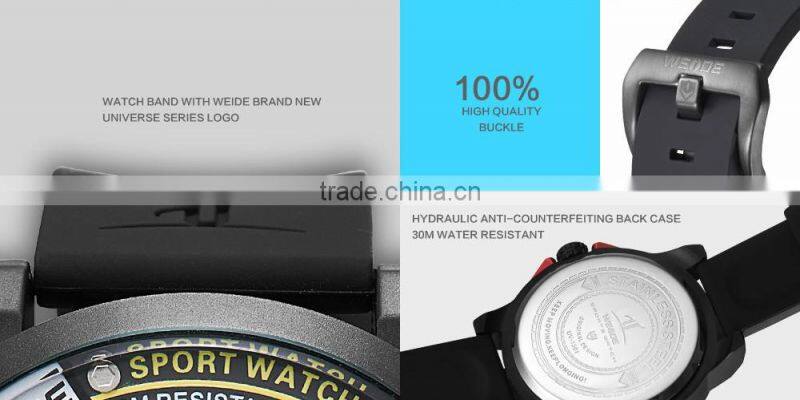WEIDE top brand watch mens dual time watch big black dial japan movt quartz watch stainless steel back water resistant 30m compl