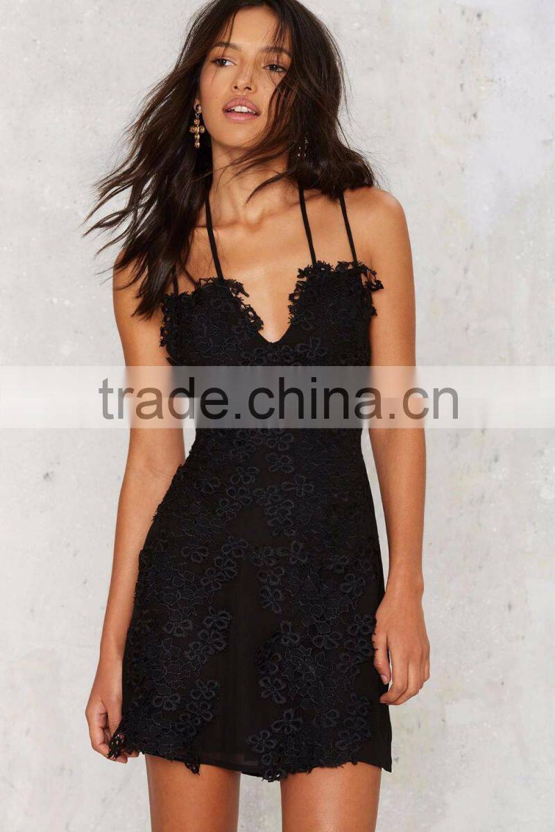Latest Wholesale Adjustable Strap Custom Appliqued Little Black Dress
