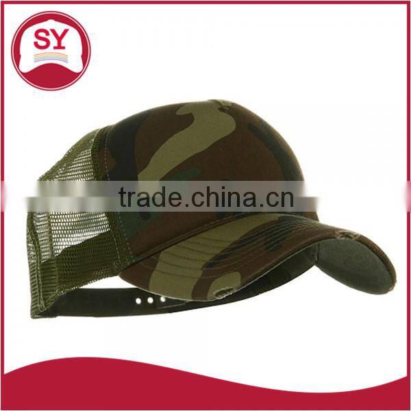 Pre-curved visor Washed camo Cotton trucker cap with hat band