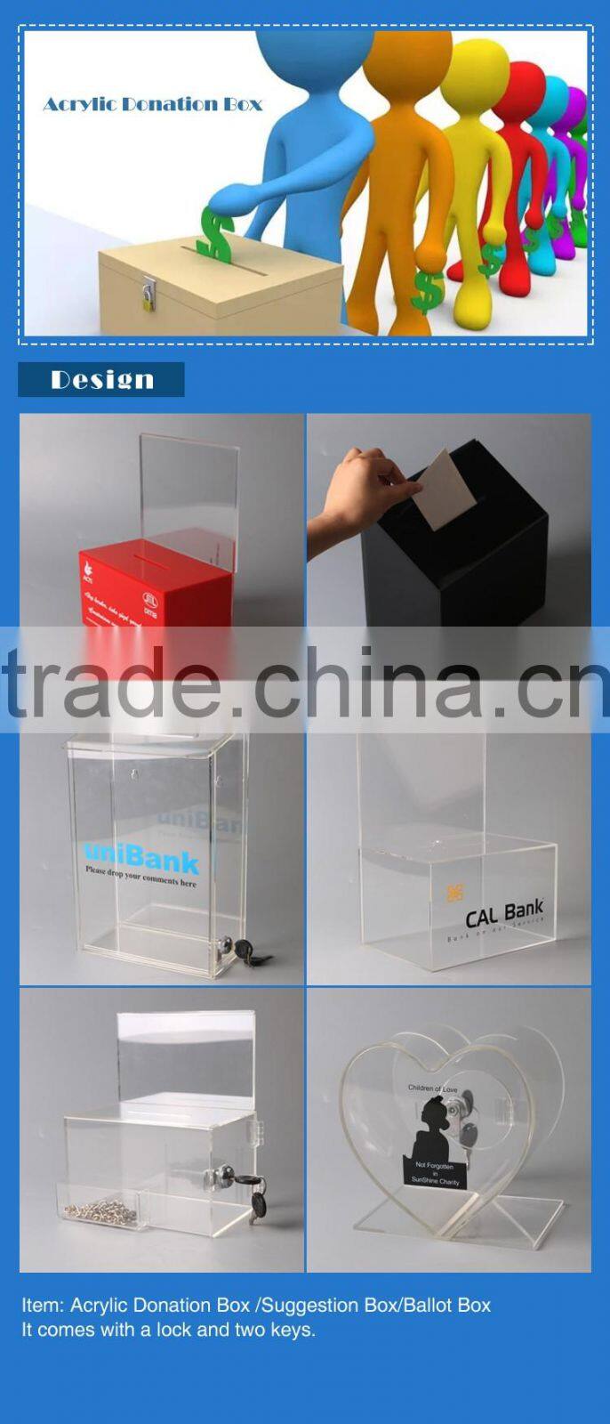 customized hot sale clear acrylic donation box with locks cheap high quality
