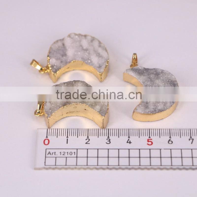 Druzy Quartz Stone Pendant Cressent shape gold plated Jewelry