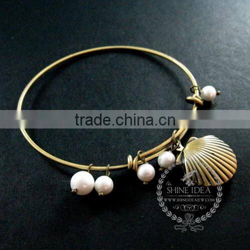vintage bronze antiqued shell photo locket with white pearl beads wish charms fashion women wiring bangle bracelet 6450042