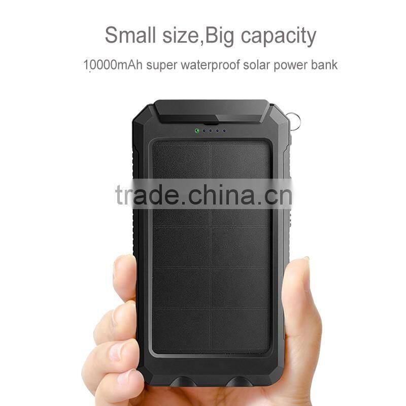 2016 New IP68 waterproof solar power bank charger 10000mah with dual led lamp and compass