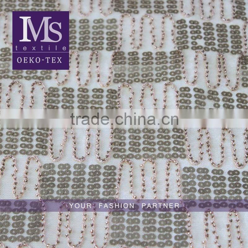 Latest white sequin mesh fabric, wholesale sequin polyester mesh fabric